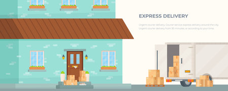 Arrival of parcels to the house. Vector illustration of boxes.Drawing express delivery.のイラスト素材