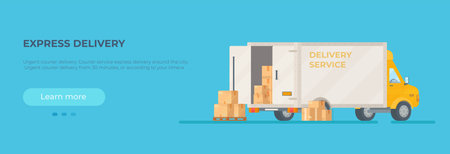 Vector illustration of express delivery. The car is ready to go. Deliveries advertisement.のイラスト素材