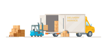 Vector illustration of loading parcels into a car. Delivery of goods from the store. Flat style drawing.のイラスト素材