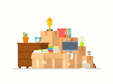 Moving into a new home. The family moved into a new house. Paper cardboard boxes with various household items. Shipping bag. Dresser, TV, books, goblet, flower.のイラスト素材