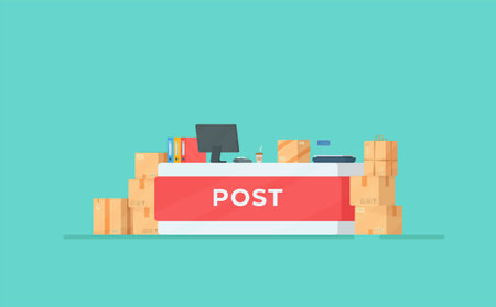 Post Office. Vector illustration of a cash register. Drawing on blue background.のイラスト素材