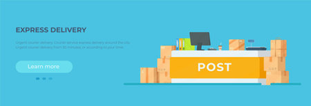 Vector illustration of a postage poster. Express parcel delivery. Parcel, cash register, post office.のイラスト素材