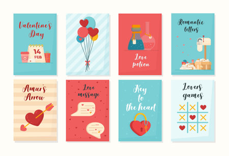 Collection of red, blue, white Valentine's card, sale and other flyer templates with lettering. Typography poster, card, label, banner design set. Vector illustration.のイラスト素材