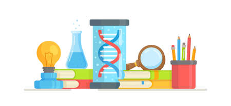 Vector illustration of DNA test verification. Physical instruments for lessons at school or uni. Illustration pictograph of a DNA symbol isolated on a white background.のイラスト素材