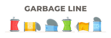 Canning jars. Vector illustration of metal cans for fish and canned vegetables. Set of red, blue, green and yellow. Trash, mess, cleanup, landfill.のイラスト素材