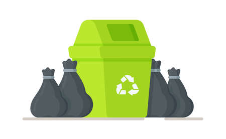 Dumpster with trash bags. Vector illustration of preparing garbage for removal. Ordering services for cleaning up after humanity.のイラスト素材