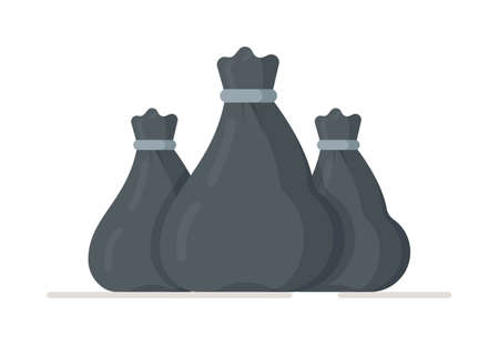 Collection of garbage in bags to be taken to the landfill. Vector illustration of black garbage can bagging. Ordering services for waste removal.のイラスト素材