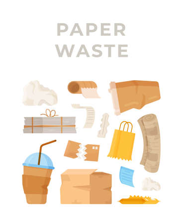 Cardboard trash. Vector illustration of a separate paper waste bin. Garbage removal to the landfill. Set of illustration for ordering trash removal service. Suitable for posters of the removal service.のイラスト素材