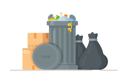 Vector illustration of black trash bags standing near a trash can. The concept of garbage. Bags full of garbage, bags and trash. Pile of garbage bags isolated on white background.のイラスト素材