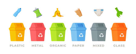 Trash in trash cans with sorted trash vector icons. Recycling garbage separation collection and recycling are isolated on a white background. Organic, paper, metal, plastic and mixed garbage.のイラスト素材