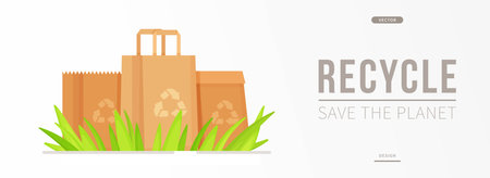 Vector illustration of recyclable paper bags. Cardboard bags standing in the grass. Shopping at the store.のイラスト素材