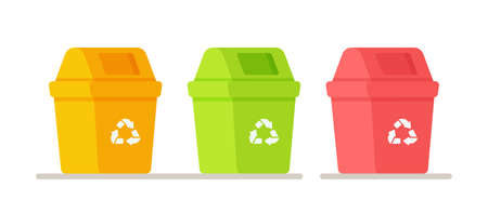 Vector illustration of a set of trash cans. Recycling garbage separation collection and recycling isolated on white background. Garbage in trash cans with sorted trash icons.のイラスト素材
