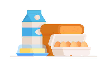 Vector illustration of an isolated drawing of dairy products. Useful foods when breastfeeding a baby. Low-fat foods. Box design of milk and butter eggs. Milk packaging. Box of eggs.のイラスト素材