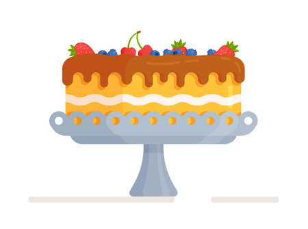 Vector illustration of a festive homemade cake. Beautiful cake with fresh berries and cream. Isolated sponge cake for holiday celebration.のイラスト素材