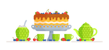 Vector illustration of a small delicious cake. Green service with white speckles. Tea drinking. Celebrating a birthday or any other holiday.のイラスト素材