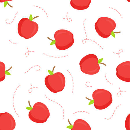 Vector illustration pattern of red beautiful apples. Seamless repeating pattern with abstract red apples on white background. juicy apple tree fruit, which is eaten fresh, serves as raw material in cooking and for making drinks.のイラスト素材