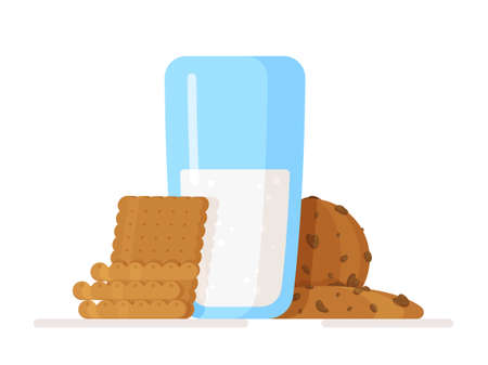 Vector illustration of an isolated glass of milk and cookies on a white background. Delicious sweet snack. Badge for milk stores, supermarkets, bakeries and the rest. Snack between jobs, before bedtime.のイラスト素材