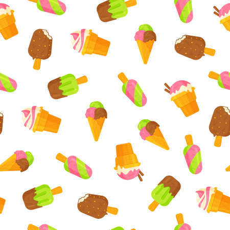 Vector illustration of a pattern of different twisted 
on a stick or in a cone. Cute seamless pattern with hand-drawn ice cream for summer prints, posters, wrapping paper, backgrounds, wallpaper. Bright pattern of different ice cream in different colors.のイラスト素材