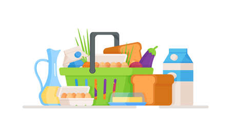 Vector illustration of a food basket. Isolated box with fresh groceries from the store. Basket with vegetables and greens isolated on white background. Shopping in the supermarket.のイラスト素材