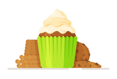Vector illustration of a beautiful cupcake with a white cap on a white background. Set of muffin icons. Set of muffins in very bright rainbow colors with layered curdled fruit creams.のイラスト素材