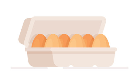 Vector illustration of a new egg tray. Fresh chicken eggs in a box. Banner of cardboard box with fresh eggs only from the store. Common food product. making eggs.のイラスト素材