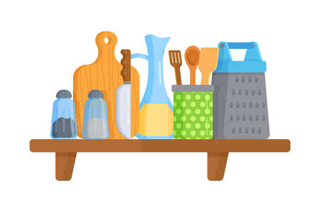 Vector illustration of an insulated kitchen shelf on a white background. Shelf with condiments, grater, spatulas, knife, board and oil. Chef's kit. Open shelf with kitchen utensils.のイラスト素材