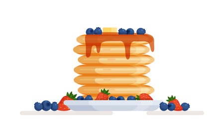 Vector illustration of a plate of pancakes watered with honey and berries. Isolated buttery drawing. Pancakes for breakfast. A quick snack.のイラスト素材