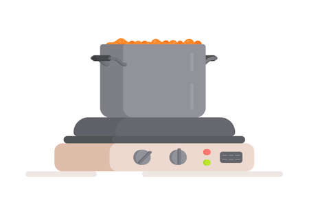 Family Dinner. Kitchen counter with appliances and cooking utensils. Vector illustration of cooking soup for sawdust. Cooking borscht at home. Food, recipes, borscht, food, products.のイラスト素材