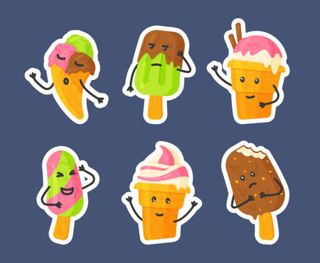 Set of colorful ice cream characters. Cute and funny ice cream characters, cones, ice cream with smiling human faces, cartoon vector illustration, isolated on blue background. Set of colorful ice cream charactersのイラスト素材