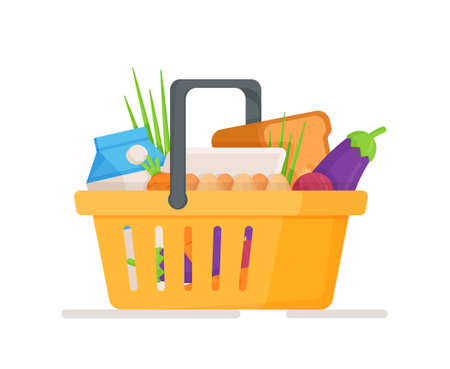 Vector illustration of a food basket. Isolated box with fresh groceries from the store. Basket with vegetables and greens isolated on white background. Shopping in the supermarket.のイラスト素材