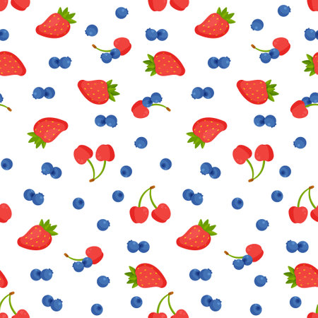 Vector illustration pattern of fresh berries from trees or bushes. Design for screen printing backdrop, fabric and tile wallpaper. cartoon fruit. Seamless pattern of strawberries, blueberries, cherries, cherries and currants.のイラスト素材