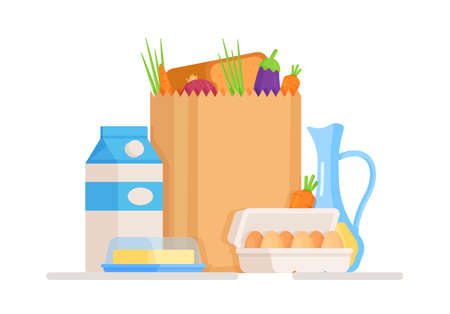 Vector illustration of an isolated grocery bag on a white background. Purchase in the supermarket. Buying fresh vegetables, eggs, dairy products and the rest.のイラスト素材