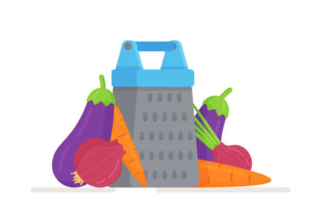 Vector illustration of an isolated pile of fresh vegetables lying next to a grater. A set for borscht. Vector icons of vegetables set in cartoon style. Farm product collection for restaurant menu, market. For store or farm advertising signage.のイラスト素材