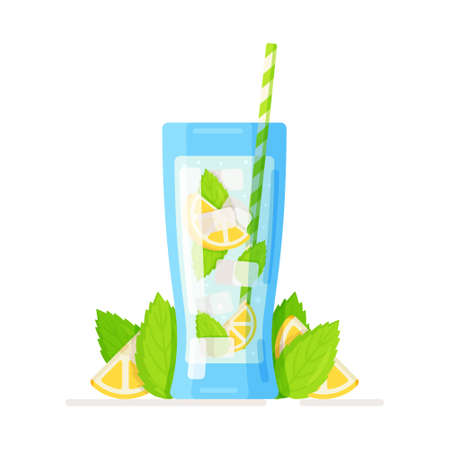 Vector isolated illustration of a clear glass with a sour lemon cocktail. Glass of freshly squeezed citrus lime and lemon juice with a straw, summer banner, refreshing drink with lemon slices. Lemon, sourness, relaxation, break, bar, bartender, drink.のイラスト素材