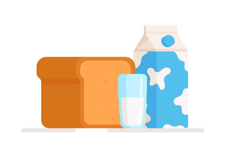 Vector illustration of isolated bread and milk before bedtime. Benefits to the health of the body. A nutritious breakfast with benefits. Balanced nutrition. The energy value of food.のイラスト素材