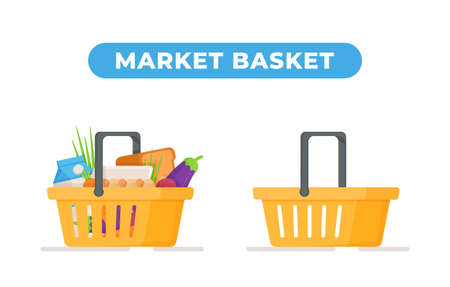 Vector illustration of the concept of baskets on a white background. Basket with vegetables fruits and other products. Standard shopping in the store. Online shopping.のイラスト素材