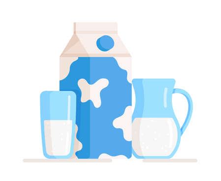 Vector illustration of an isolated glass and milk bottle banner. Useful dairy products. Useful foods when breastfeeding a baby. Drawing of milk advertisement. Useful and calorie-free breakfast.のイラスト素材