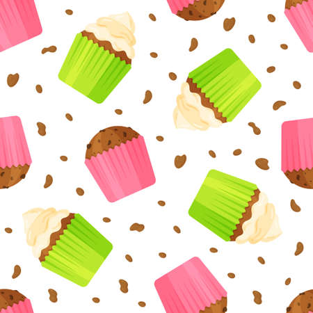 Vector illustration of a pattern of beautiful cupcakes. Print with American cupcake name. Cake is small in size. Delicious goodies for tea with different cups.のイラスト素材