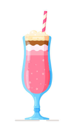 Vector illustration of a milkshake isolated on a white background. Design of a tea cup with bubbles. Pearl milk tea, yummy drinks, coffee and soft drinks. Colorful design of fruit milkshakes. Plastic cup with lid and straw, full of strawberry milkshake.のイラスト素材