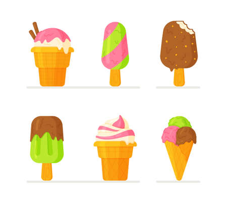 Vector illustration of ice cream set. A collection of different colorful icons of ice cream. Different kinds of ice cream isolated on white background.のイラスト素材