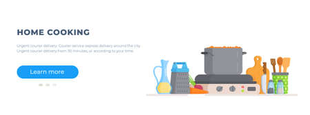 Vector illustration of the site to view video cooking cool recipes. Home Cooking. A set of traditions and recipes for cooking at home with the help of improvised household implements.のイラスト素材