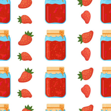 Vector illustration of strawberry jam and fresh strawberries pattern. Seamless strawberry jam pattern on white background. Texture for fabric, packaging, wallpaper. Decorative print.のイラスト素材