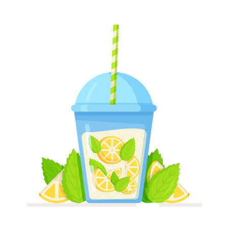 A glass of freshly squeezed citrus lemon juice with a straw. Vector illustration of a delicious sour cocktail isolated on a white background. Fresh lemonade and its ingredients. Lemon, lemon slice, mint and handwritten. Summer cooling drink.のイラスト素材