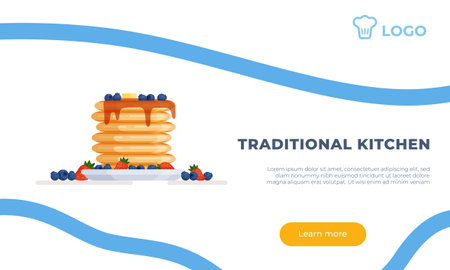 Vector illustration of the international for oil. Baking with syrup and blueberries and raspberries. Breakfast concept. Delicious birthday cake food isolated on white and blue background.のイラスト素材