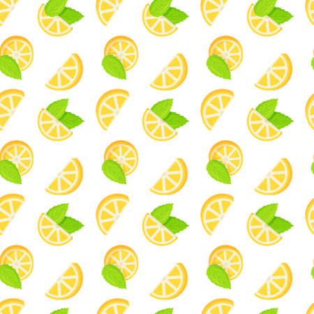 Vector illustration of a pattern of beautiful lemons on mojitos. Seamless bright light pattern with fresh lemons for fabric, label pattern, nursery wallpaper, wrapping paper fruit background. Fresh lemon slices.のイラスト素材