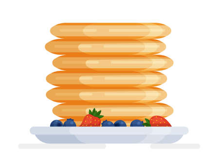 Vector illustration of an isolated pile of pancakes with berries. National pancake day vector. Pile of pancakes on a plate icon. Pancakes with syrup and butter vector. Pancakes, buttery, fruit, berries.のイラスト素材