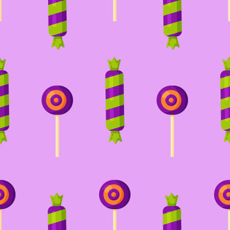 Vector illustration of sweet candy pattern on purple background. Cute pastel candy sweet desserts seamless pattern with different kinds.のイラスト素材
