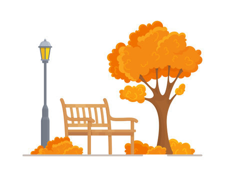 Vector illustration of a beautiful autumn city park with an urban background. Evening in the park. Bench, tree, lantern.のイラスト素材