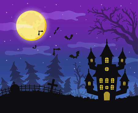 Halloween background with a haunted house and a cemetery. Vector illustration of a spooky abandoned house. Full Moon. Concept.のイラスト素材
