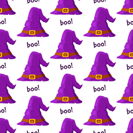 Vector illustration of a pattern of purple hats. Seamless witch costume. Boo writing. Eternal pattern.のイラスト素材